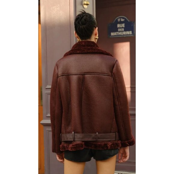 Womens Burgundy Faux Leather & Fur Biker Jacket - Picture 3 of 9